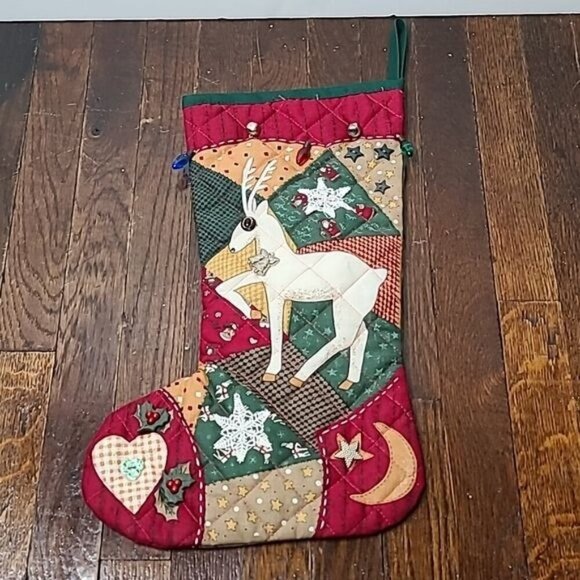 Vintage Christmas Patchwork Reindeer Snowflake Holiday Stocking Red Green - Picture 1 of 8